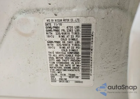 2019 Nissan Rogue Sv z USA, uszkodzony, nr VIN JN8AT2MV1KW387675